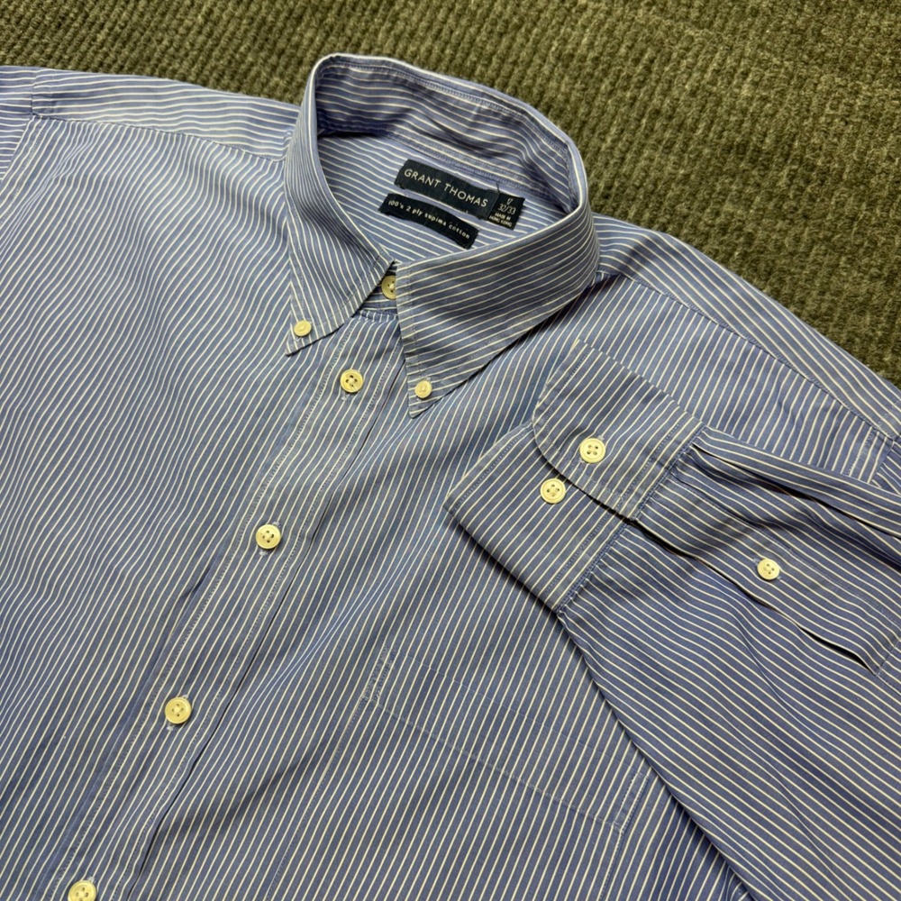 Grant Thomas Mens 17 32/33 Blue White Striped Supima Cotton Button Down Shirt